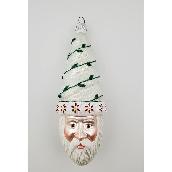 Glass Santa Ornament White w/Green Vine Red Yellow Flowers Winter - Picture 1 of 16